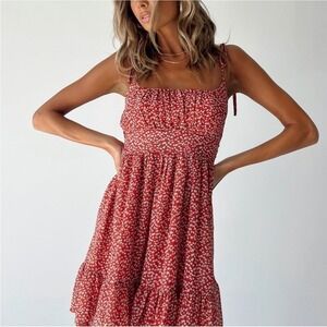 Princess Polly The Bonnie Mini Dress Red Floral Tie Shoulder Smocked Women's 10